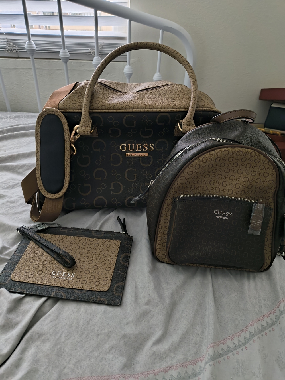 GUESS Brown Monogram Travel Duffel Bag with Matching Backpack & Pouch